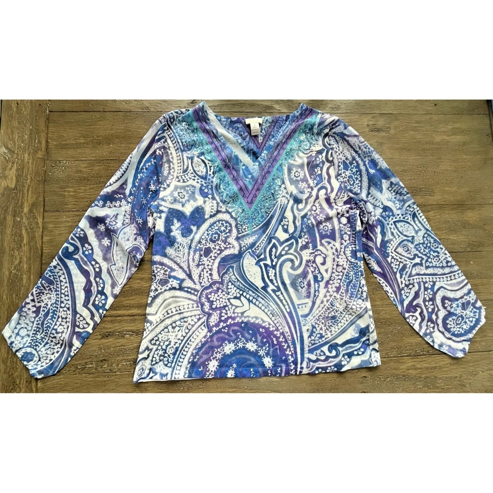 Chico's Paisley V-Neck Top Blue Purple White Embellished Boho Size 1= M/8 H45